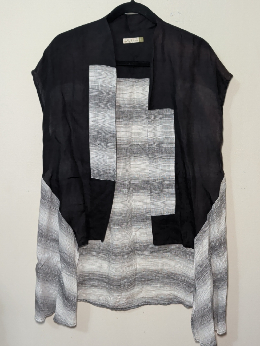 Chalet et Ceci 100% Linen Layered Open Cardigan Black Gray White Women's Size S
